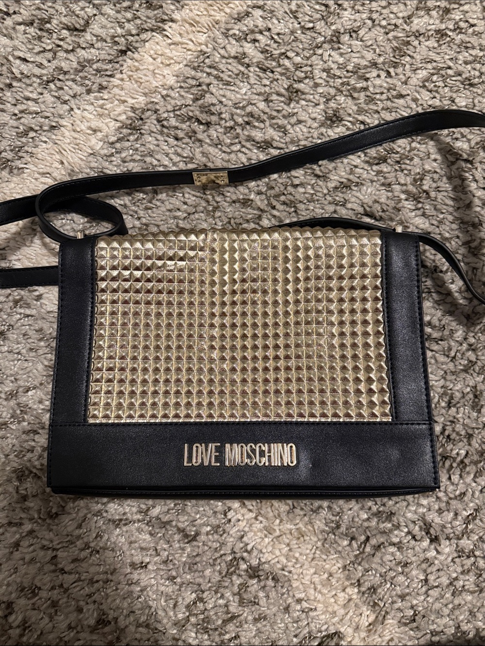 Love Moschino Black and Gold Pyramid Stud Crossbody Bag